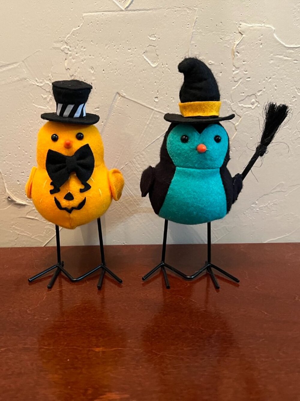 Two Bird Set Pumpkin Gentleman & Witch w/ Broom Felt Décor Halloween